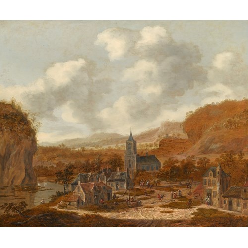 A Town in a Hilly Landscape with a River and Several Figures
